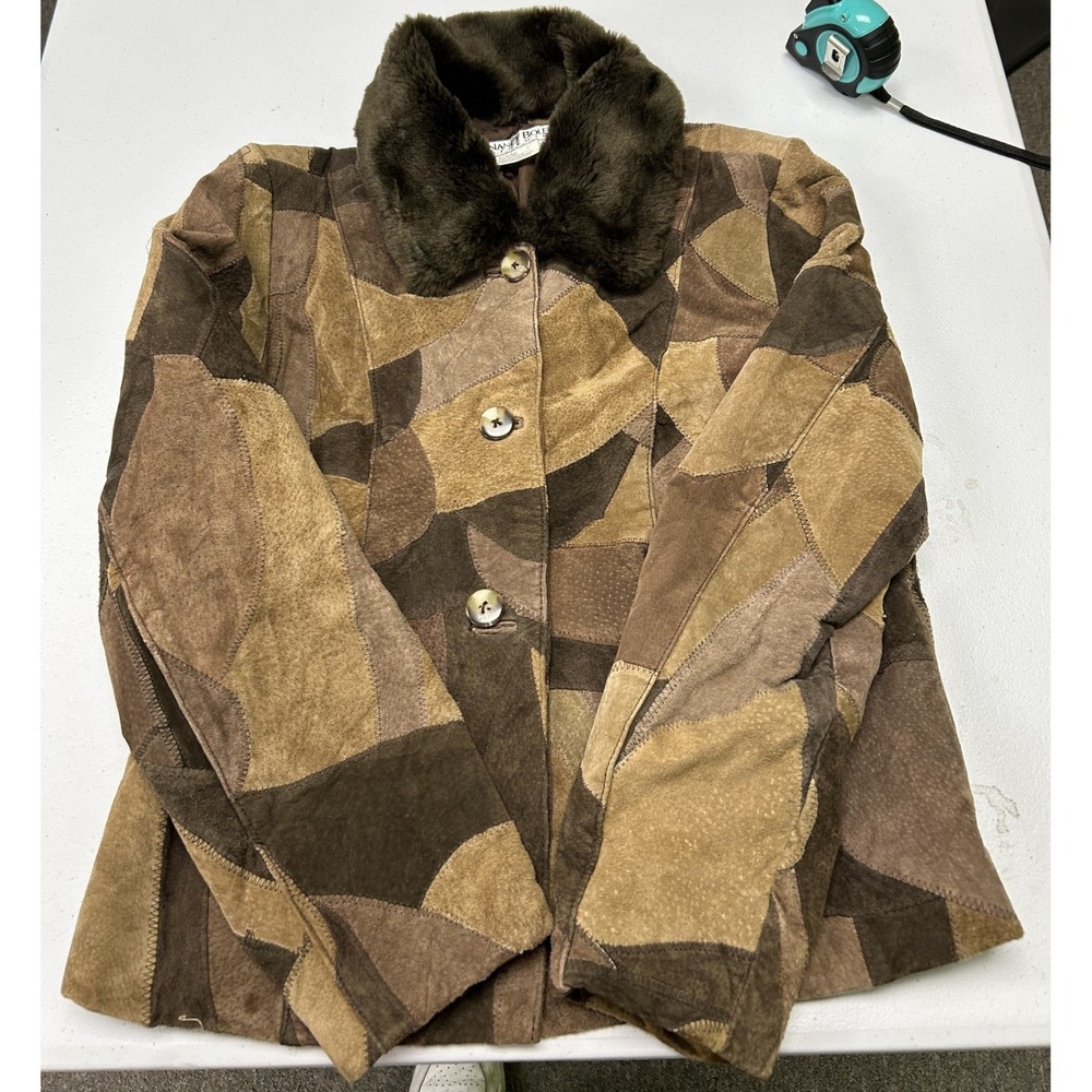 Nancy Bolen Jacket Womens S Brown Patchwork Suede Faux Fur Collar Vintage Style